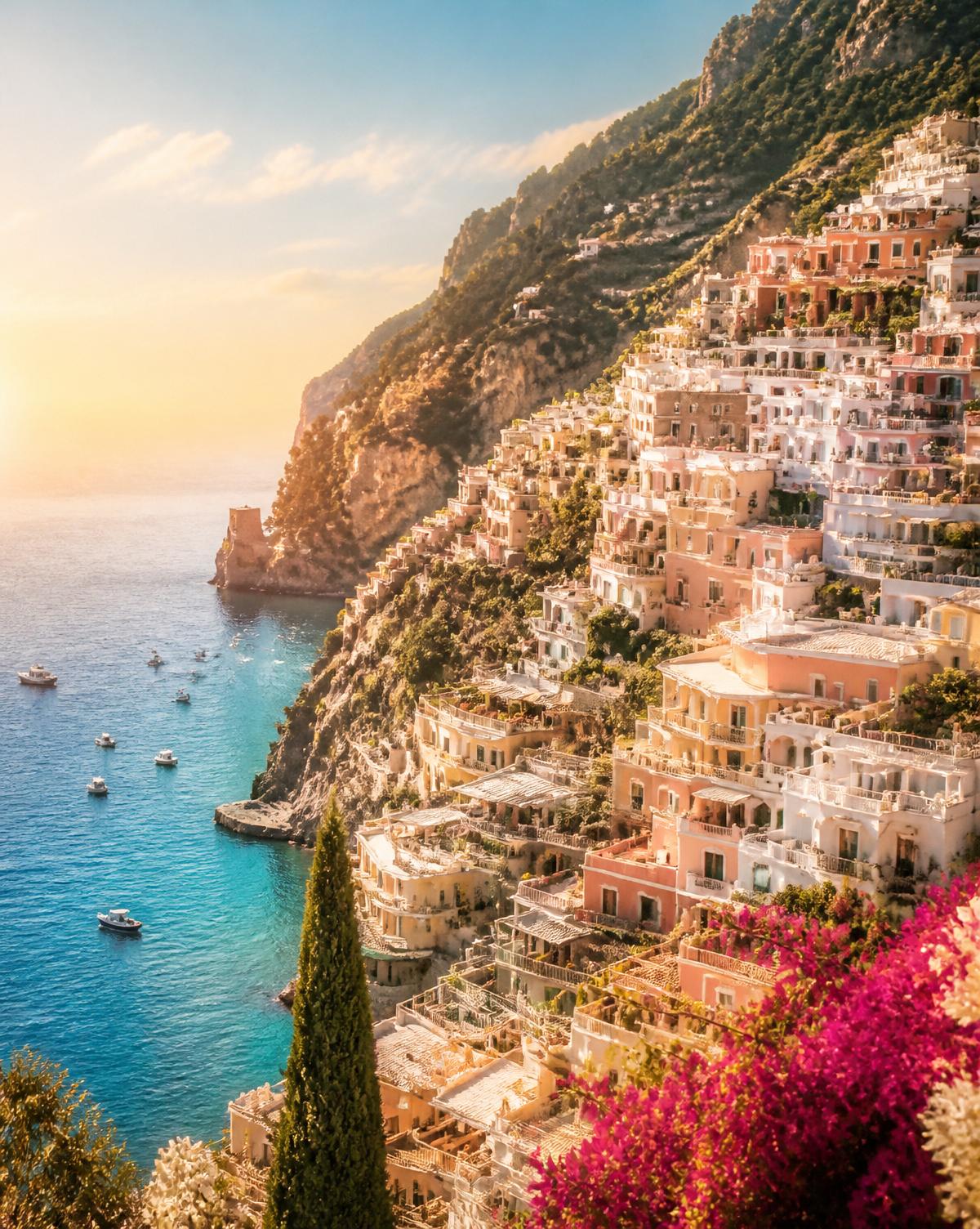 A pastel cliffside village on the Amalfi Coast at golden hour